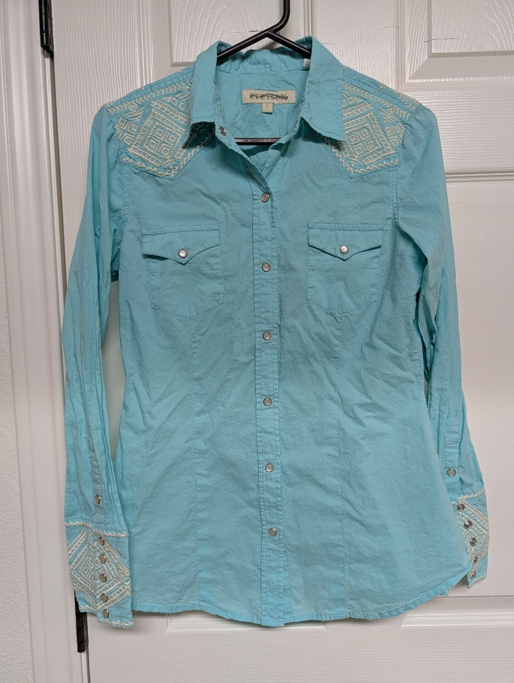Stetson Womens Embroidered Button Up Shirt Western S Light Blue White Pearl Snap